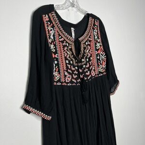 Golden Days Paris Dress Womens S/M Black Crinkle Embroidered Maxi Boho Flowy